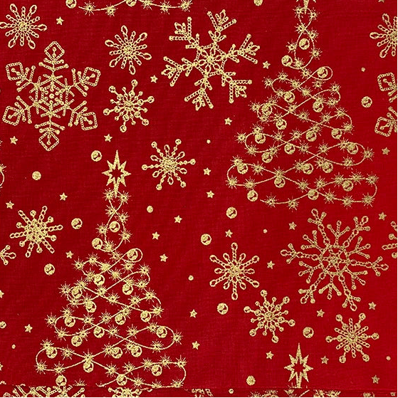Red cotton fabric with golden Christmas trees and snowflakes