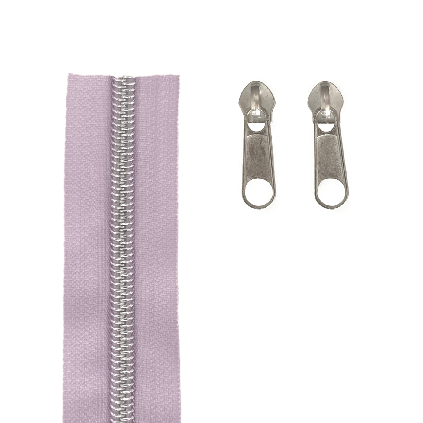 A lavender purple zipper shown vertically on the left, with two silver metal zipper pulls on the right, isolated on a white background.