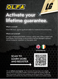 OLFA lifetime guarantee for Rotary cutters, conditions apple, scan to learn more and register