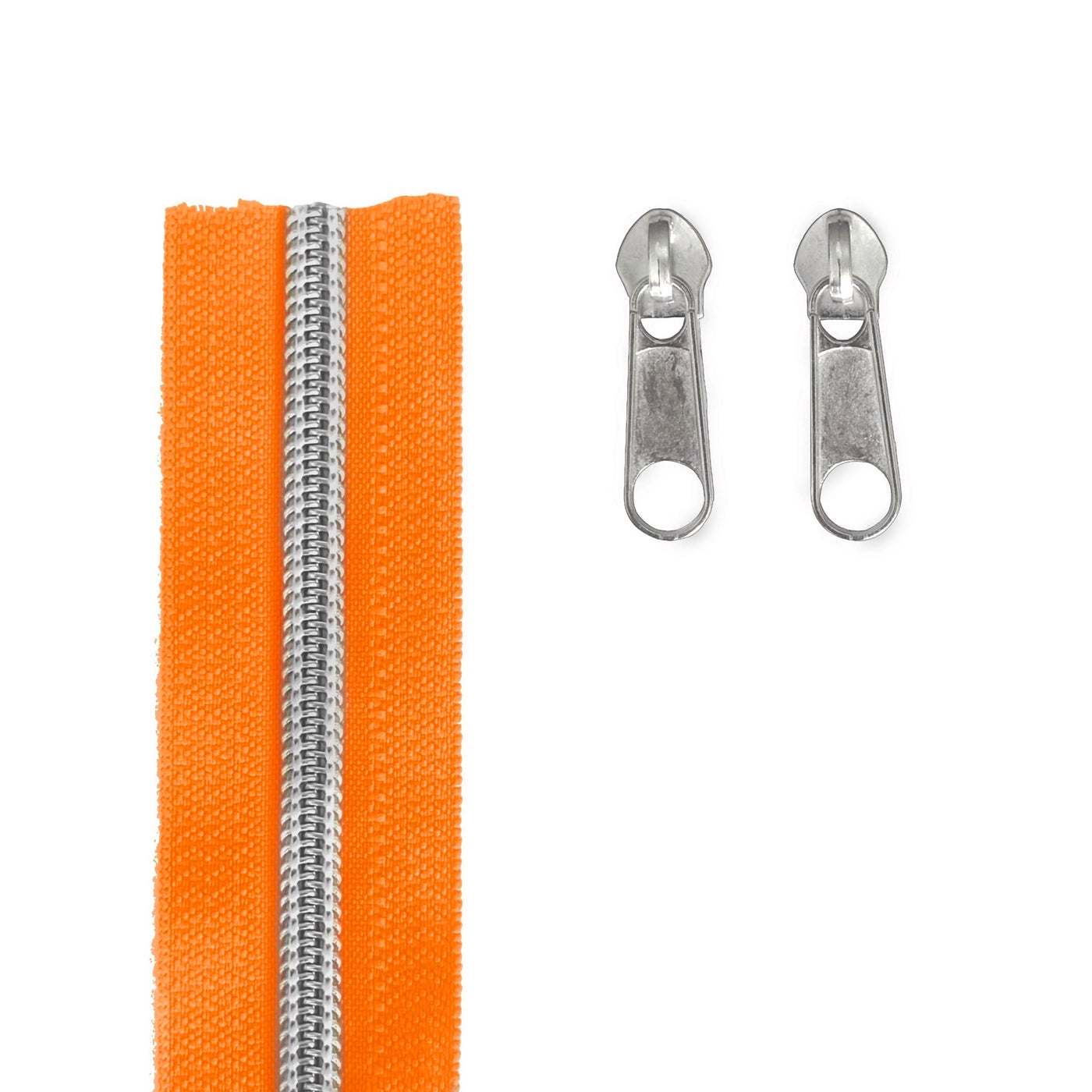 Bright orange zipper tape with a silver metal zipper track and two matching silver metal zipper pulls on a white background.