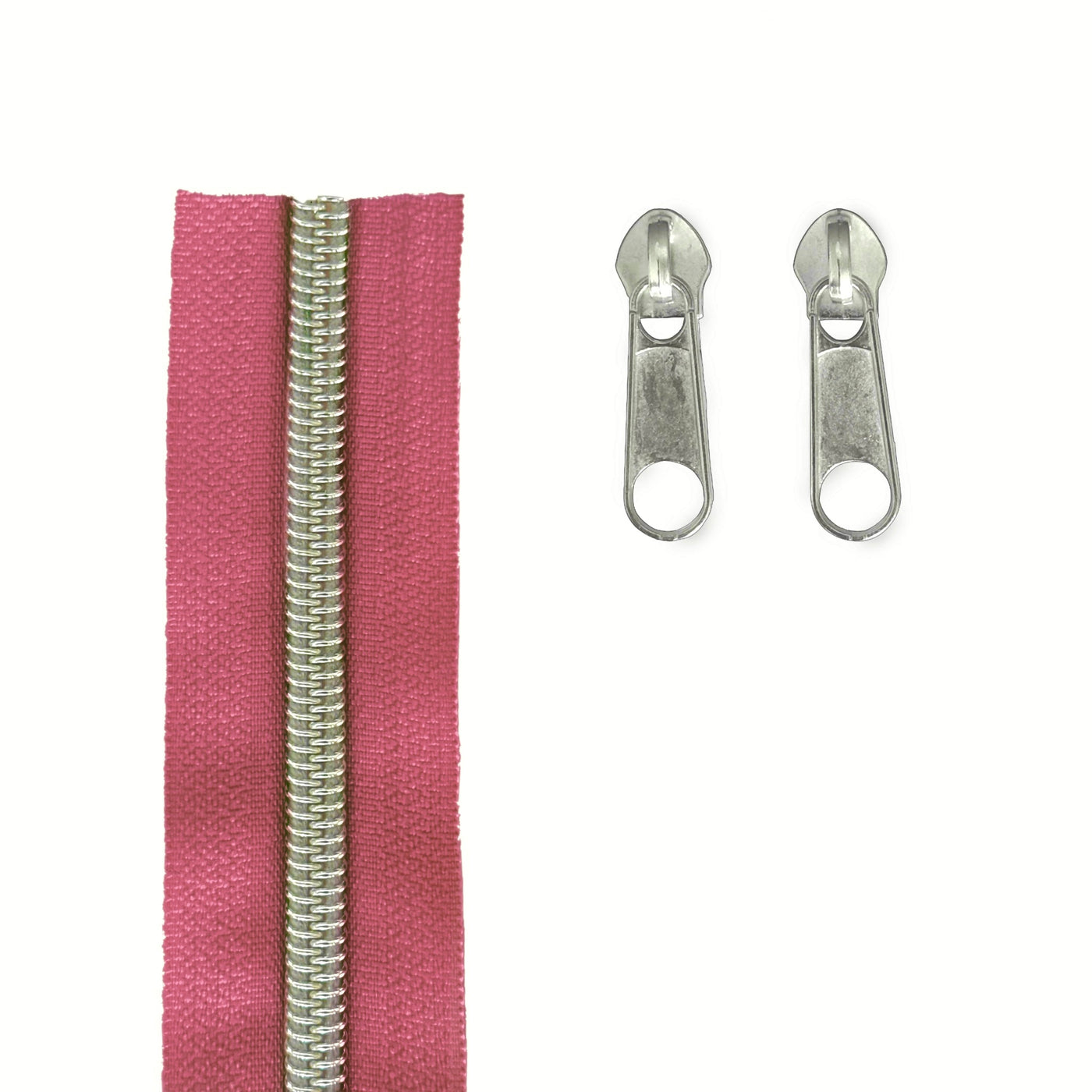 A pink zipper tape strip with a silver metal zipper track, shown next to two matching silver metal zipper pull tabs on a plain white background.