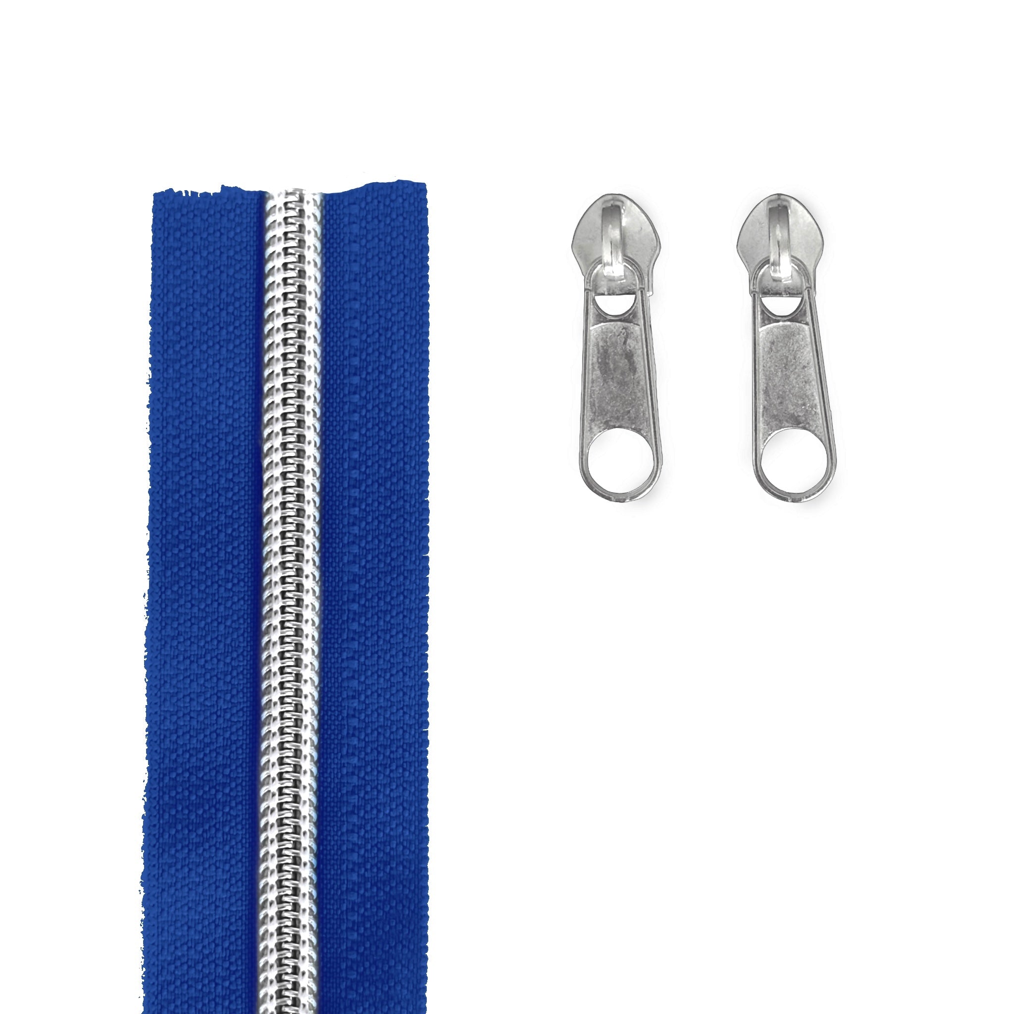 A blue zipper with a silver metal teeth section shown next to two matching silver metal zipper pulls on a plain white background.
