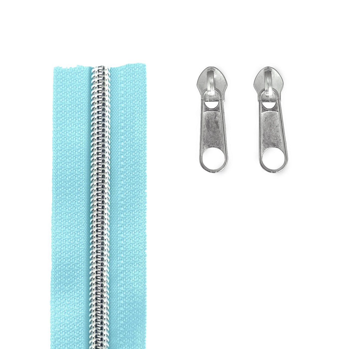 A light blue zipper shown vertically on the left, with two silver metal zipper pulls on the right, photographed on a plain white background.