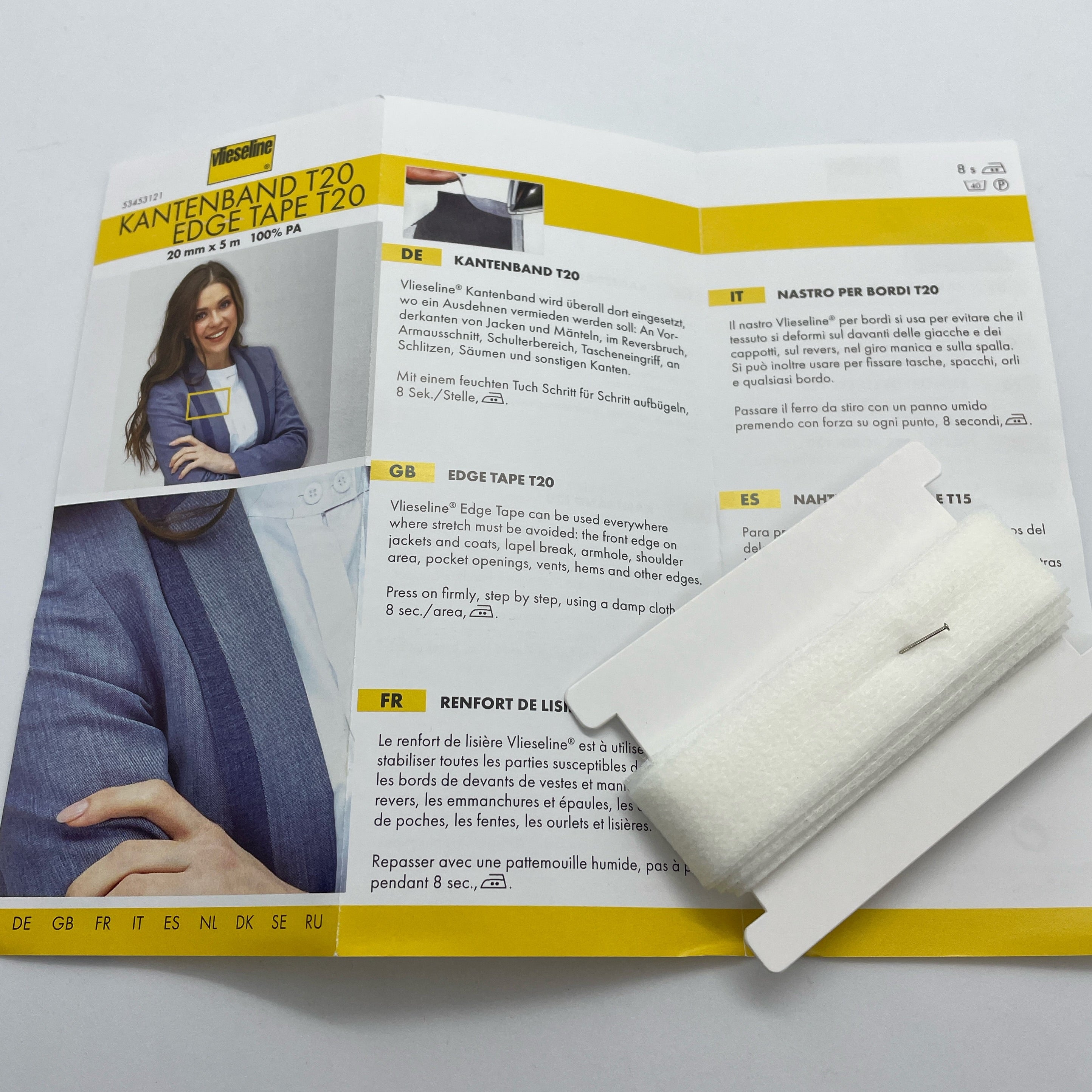 Vlieseline Edge Tape can be used wherewhere where stretch must be avoided:  the front edge on jackets and coats, lapel break, armhole, shoulder area, procket openings, vents, hems and other edges.     Press on firmly, step by step, using a damp cloth 10 seconds/area.     20mm wide by 5 m 