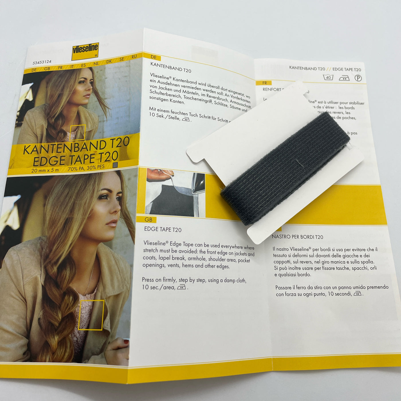 Vlieseline Edge Tape can be used wherewhere where stretch must be avoided:  the front edge on jackets and coats, lapel break, armhole, shoulder area, procket openings, vents, hems and other edges.     Press on firmly, step by step, using a damp cloth 10 seconds/area.     20mm wide by 5 m 