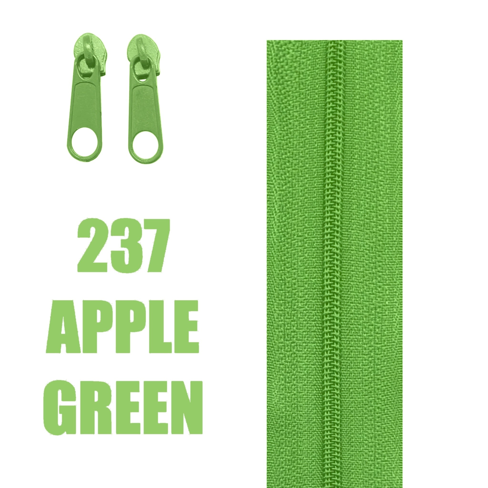 A bright apple green zipper shown vertically on the right, with two matching zipper pulls on the left and large text reading '237 APPLE GREEN' on a white background.