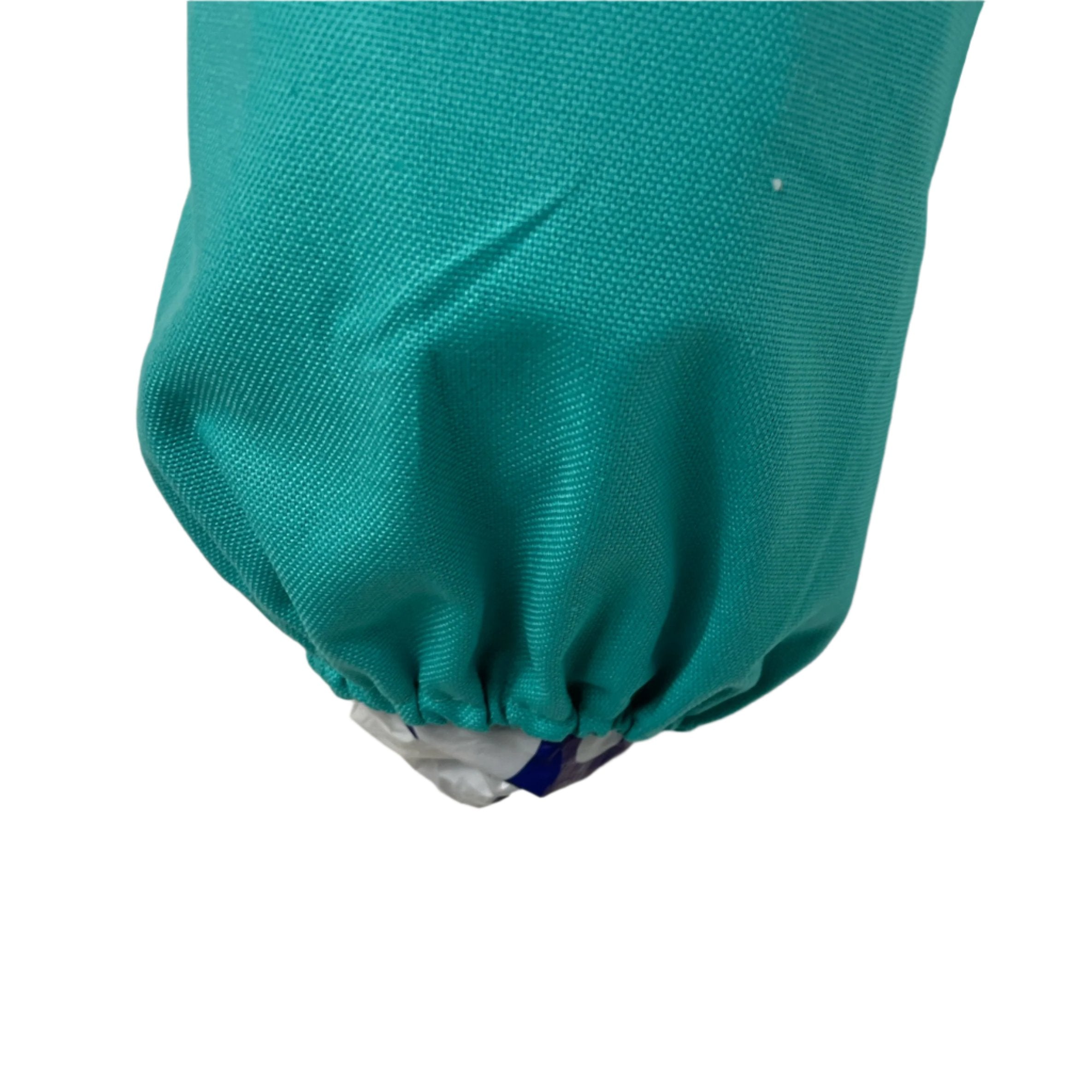 the elasticated bottom of the turquoise plastic bag holder