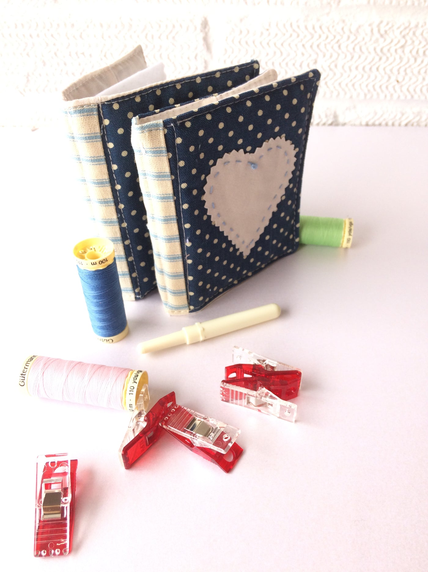 Handmade needle book patchwork sewing needle case blue heart detail