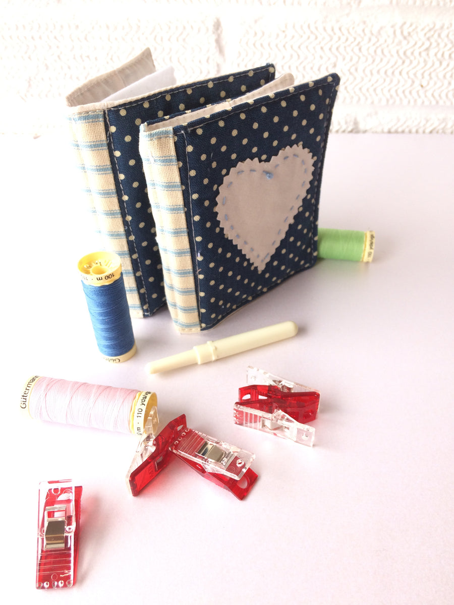 Handmade needle book patchwork sewing needle case blue heart detail