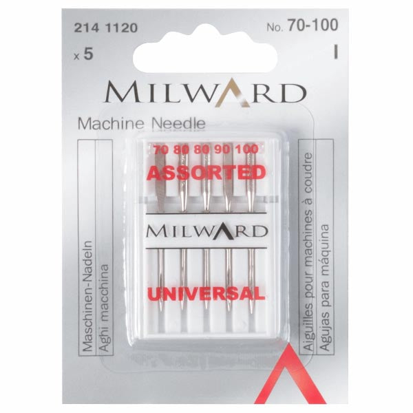 Milward branded sewing machine needles in sizes 70-100 universal type