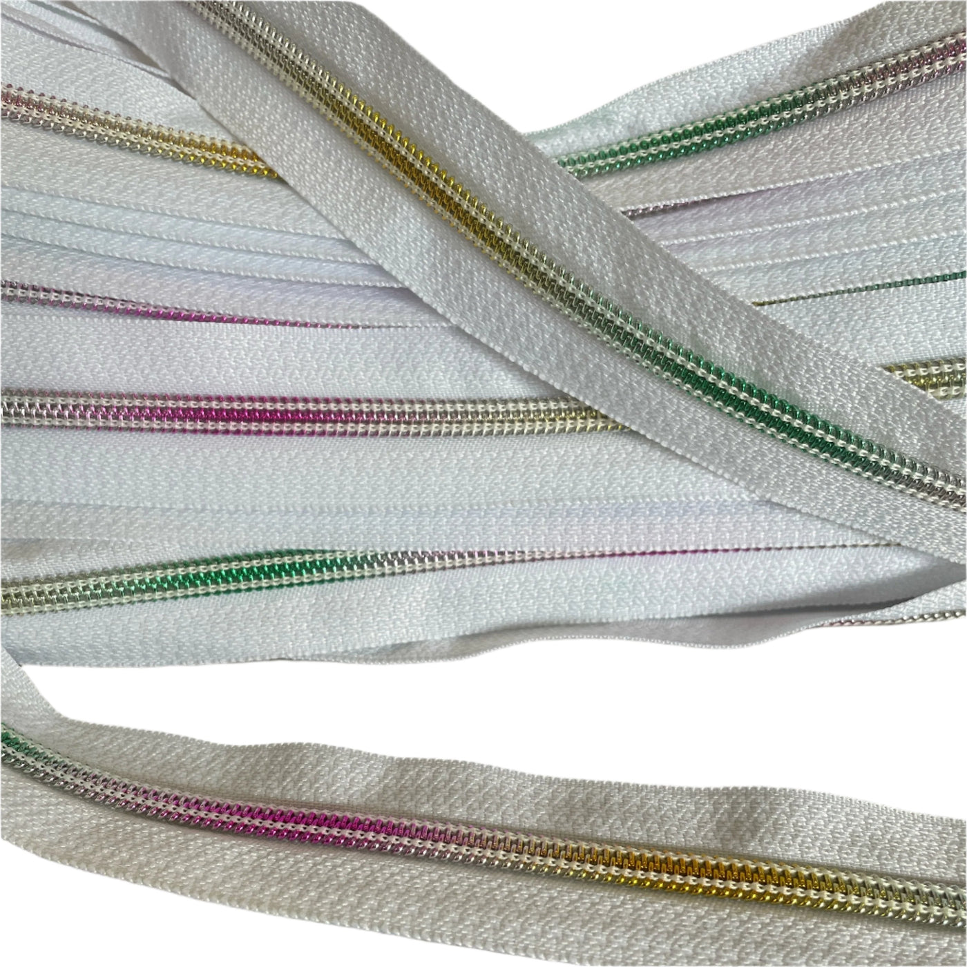 Rainbow Coloured Coil on White Tape in Continuous Zipper Roll in Standard Style Size 5