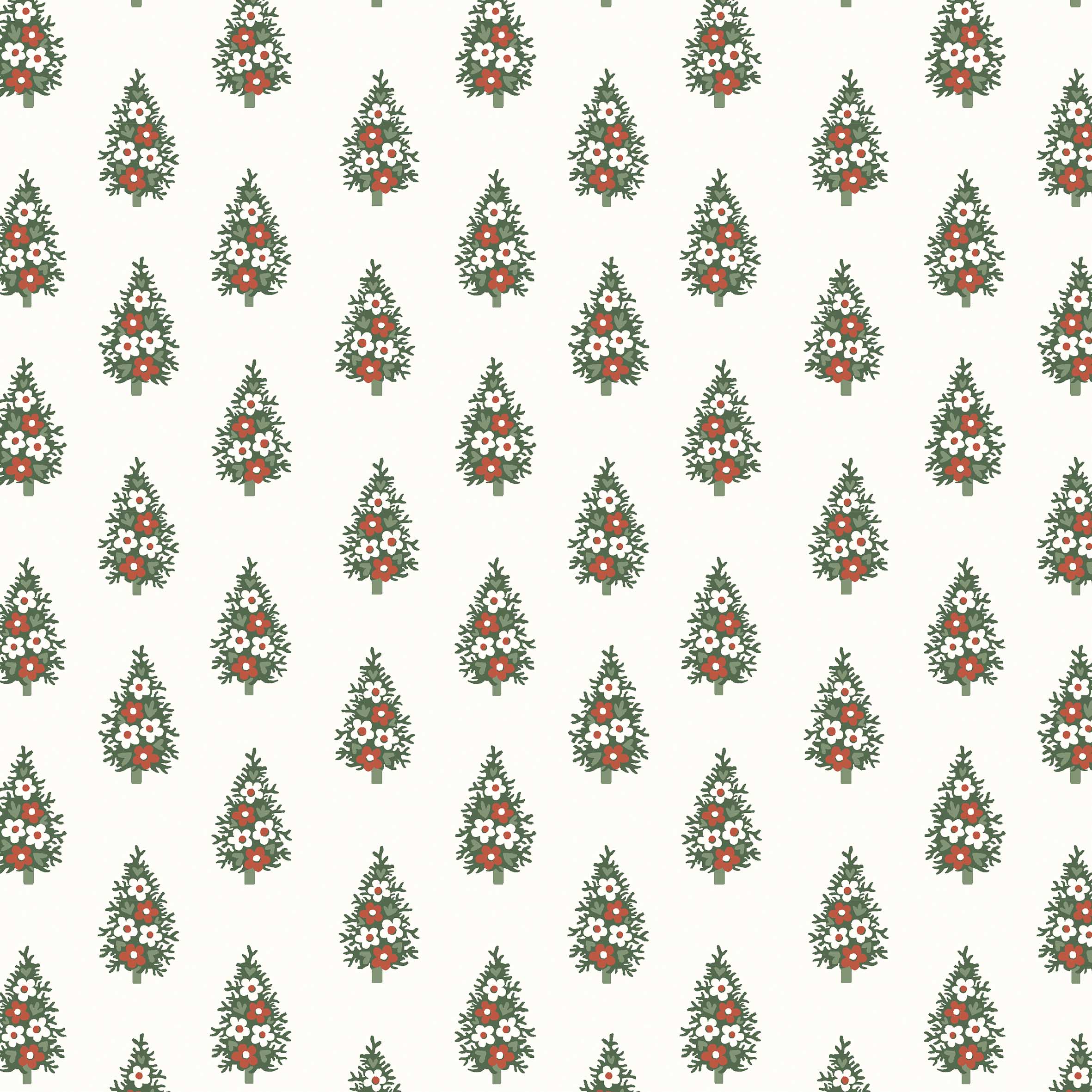 Festive firs stand neat and tall in this structured design, inspired by a Liberty wood block print dating from around the 1950s. Perfectly shaped and decorated with simplified flowers, these tiny trees are also a subtle nod to Liberty traditional paisley heritage.