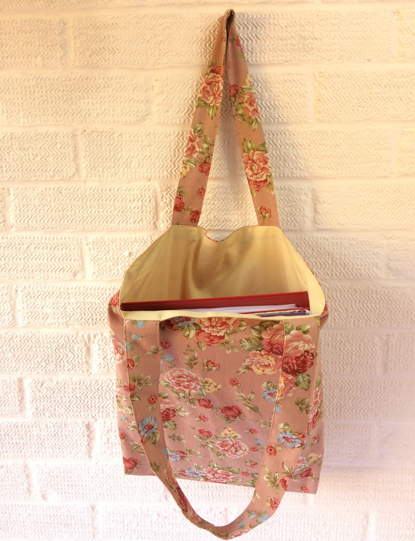 Pink floral lined tote bag