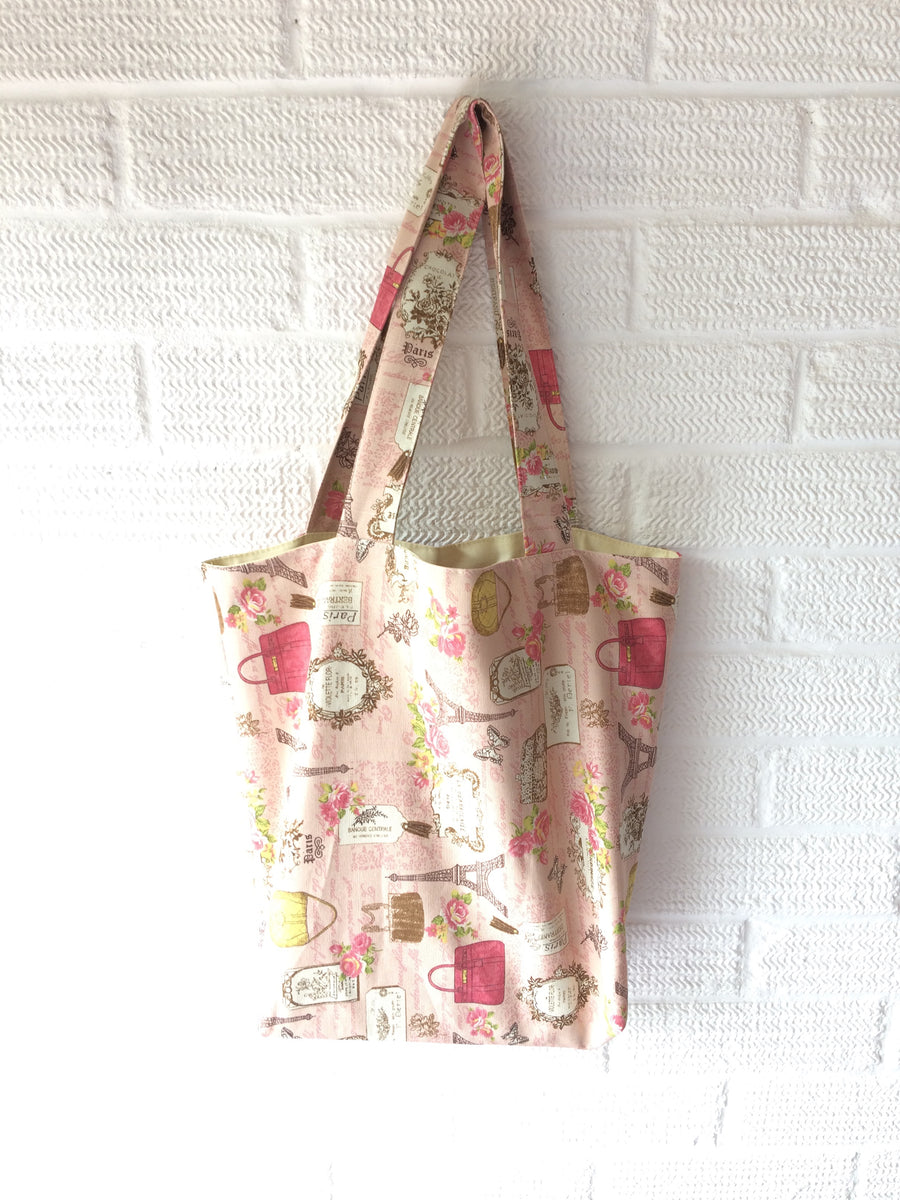 Pink paris themed lined canvas tote bag