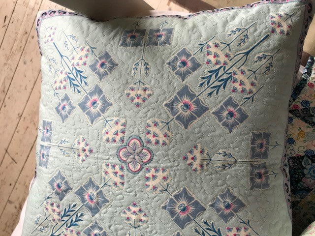 blue panel tile used to make cushion covers from the deco dance collection by liberty of london fabrics