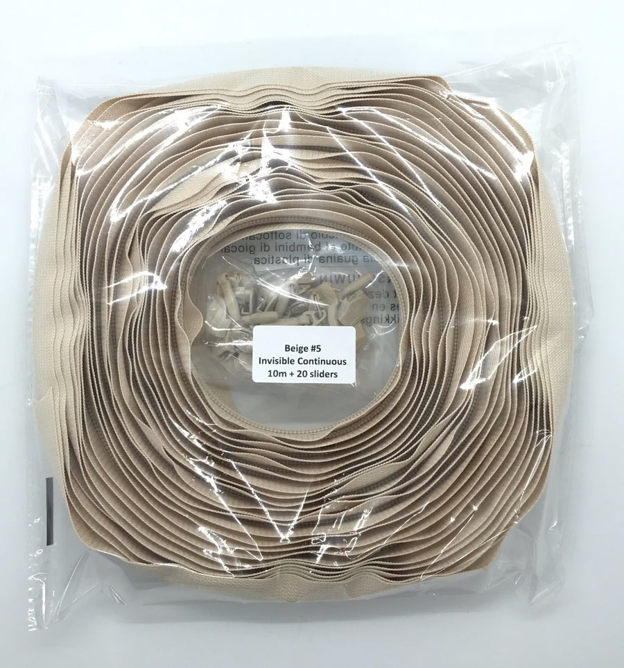 10 meters of beige long chain continuous invisible zipper tape and sliders