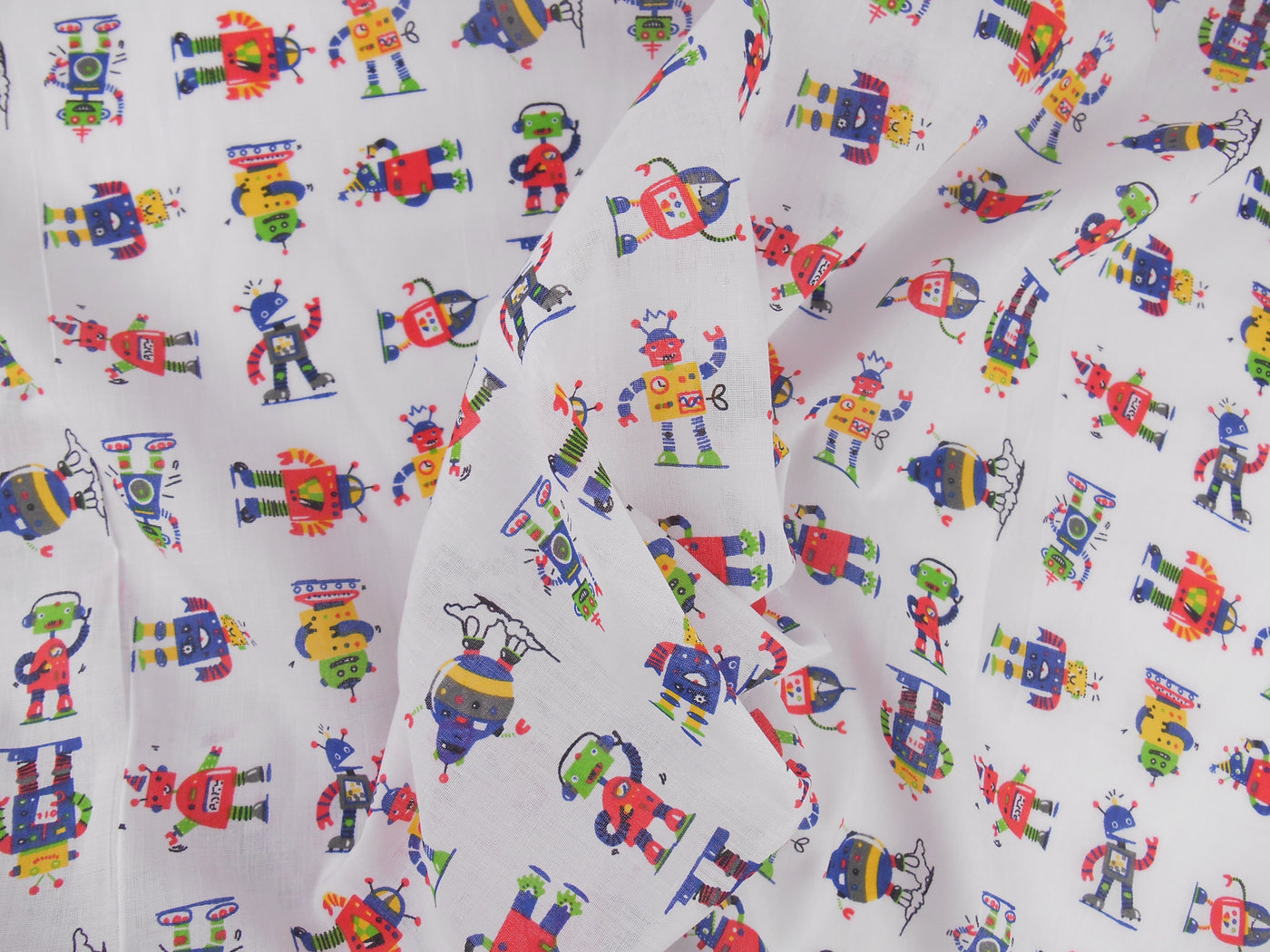 FQ ONLY Robots on white polycotton fabric