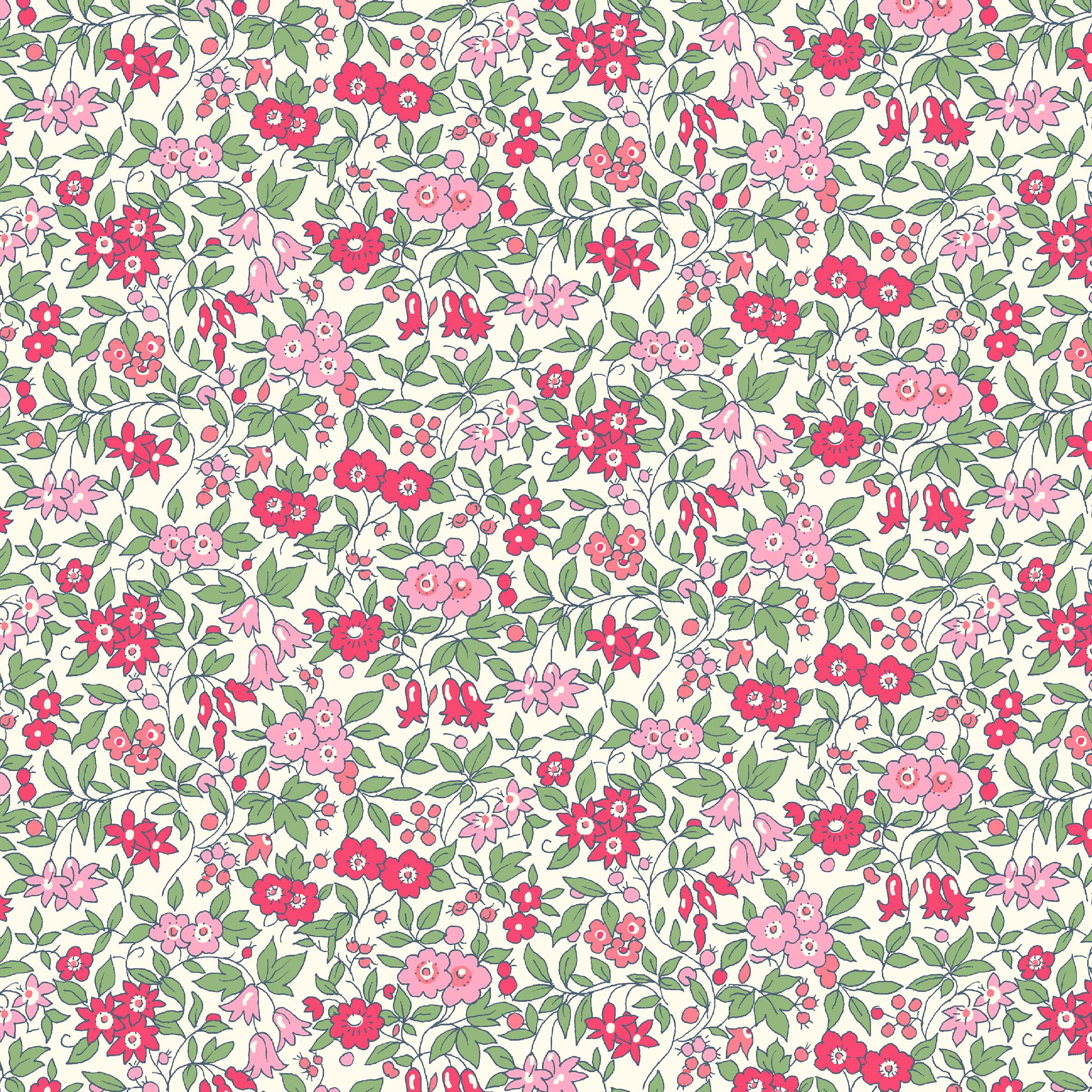 Liberty of London - Flower Show Midsummer Collection    Tiny berries and stylised flowers including forget-me-nots, daisies and bell flowers, create a dense trailing pattern.  Forget Me Not Blossom is based on a 1950's design from the Liberty archive.     These gorgeous fabrics are 112cm/44" and 100% cotton