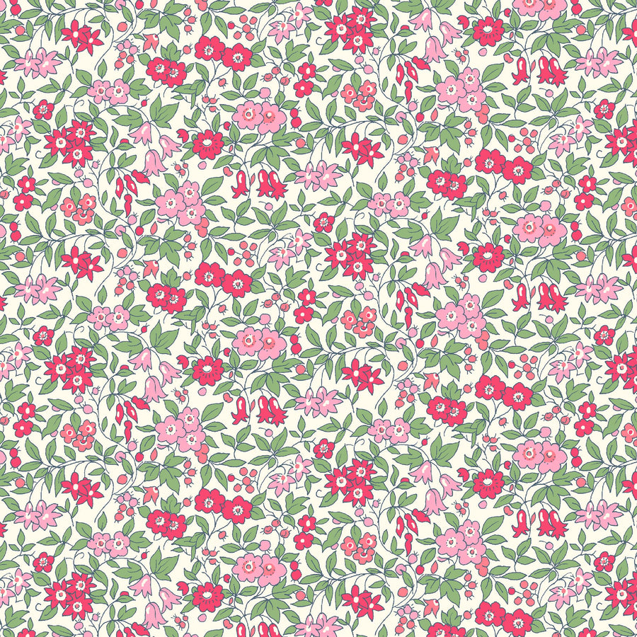 Liberty of London - Flower Show Midsummer Collection    Tiny berries and stylised flowers including forget-me-nots, daisies and bell flowers, create a dense trailing pattern.  Forget Me Not Blossom is based on a 1950's design from the Liberty archive.     These gorgeous fabrics are 112cm/44" and 100% cotton