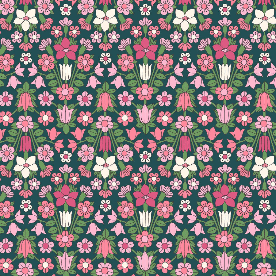 Liberty of London - Flower Show Midsummer Collection    Taking inspiration from quintessential Arts& Crafts motifs, Hampstead Meadow is arranged in a mirrored layout, featuring symmetrical and elegant stylised flowers.  Originally created for Liberty in 1964, this striking pattern has been redrawn and recoloured in a bold and playful palette.     These gorgeous fabrics are 112cm/44" and 100% cotton.   