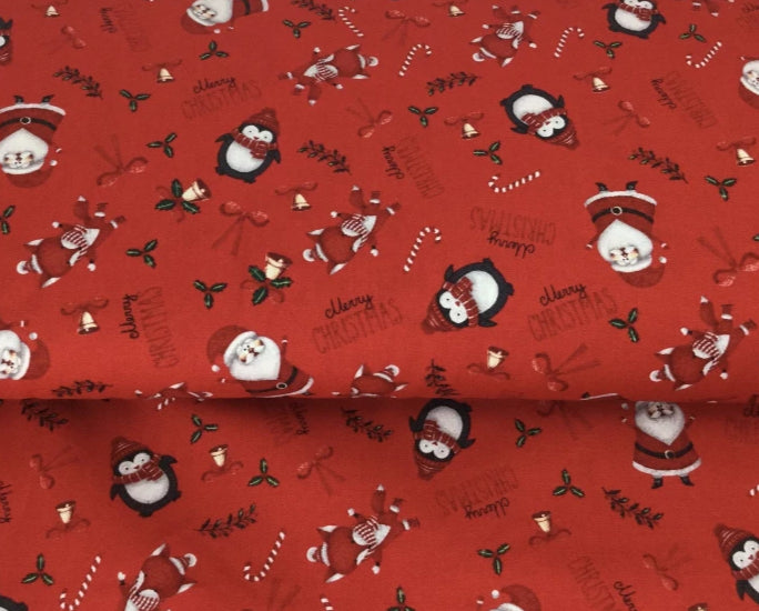 Christmas red fabric featuring Santa and Pengiuns