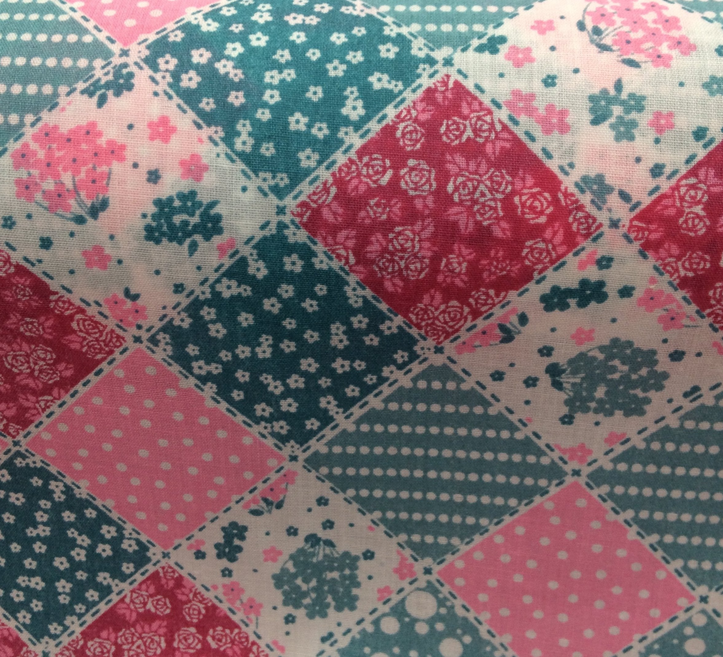 patchwork style polycotton fabric in pink and  blue