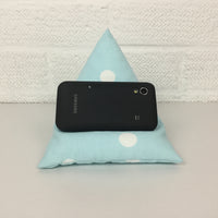 A handy little phone holder keeps your phone where you want it. Made from cotton canvas and filled with polystyrene beads it has a lovely feel