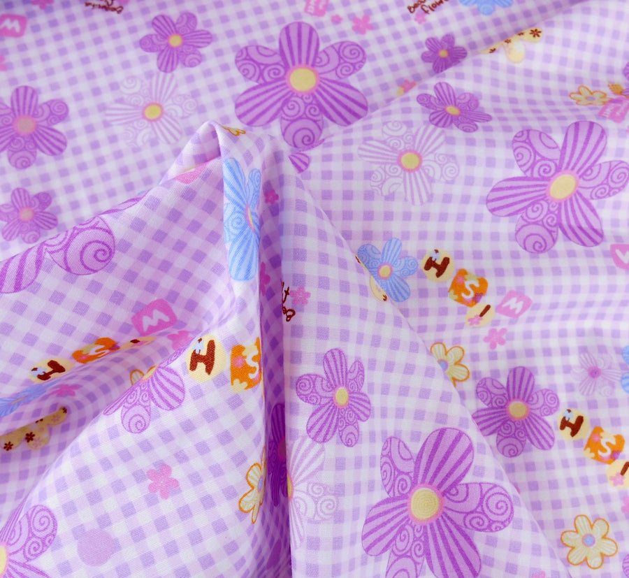 Pink checked fabric with flowers lilac