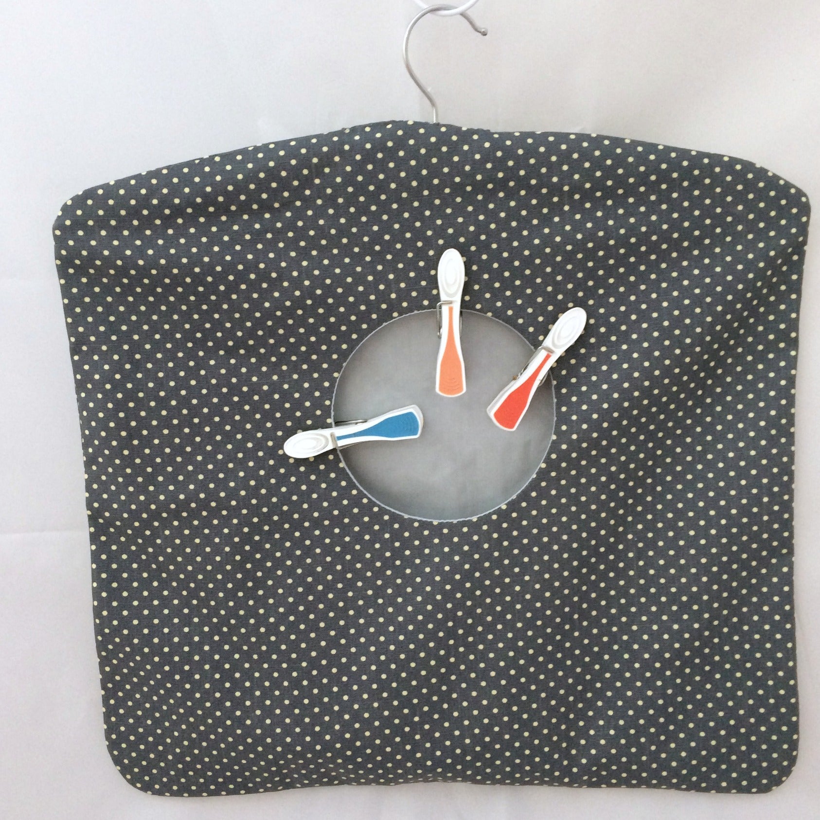 Clothes pin peg bag in a grey spotted fabric