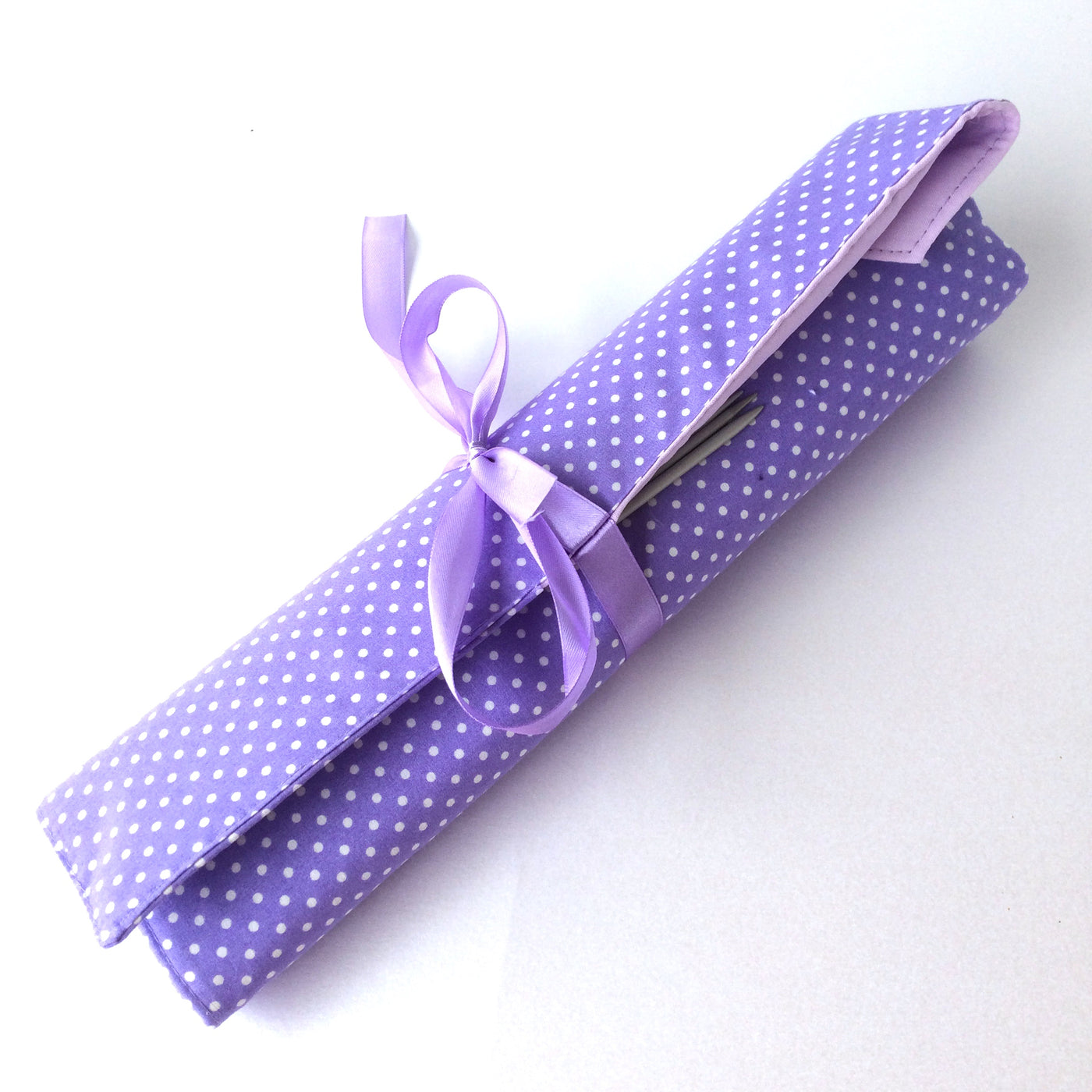 Lilac spotted knitting needle roll or crochet hook roll