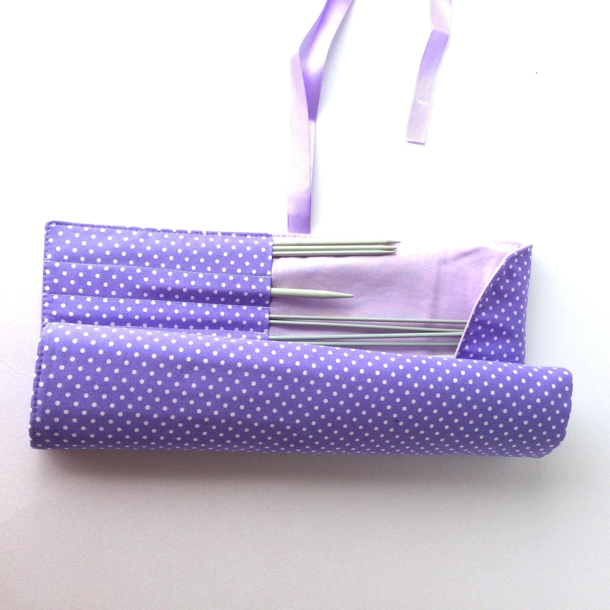 Lilac spotted knitting needle roll or crochet hook roll