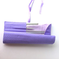 Lilac spotted knitting needle roll or crochet hook roll